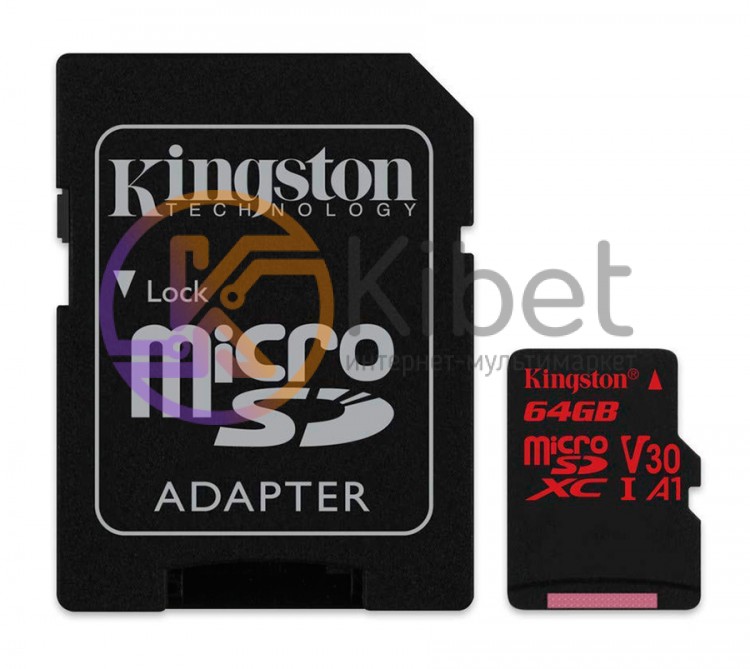 Карта памяти microSDXC, 64Gb, Class10 UHS-I, Kingston R-100MB s, W-80MB s, SD ад