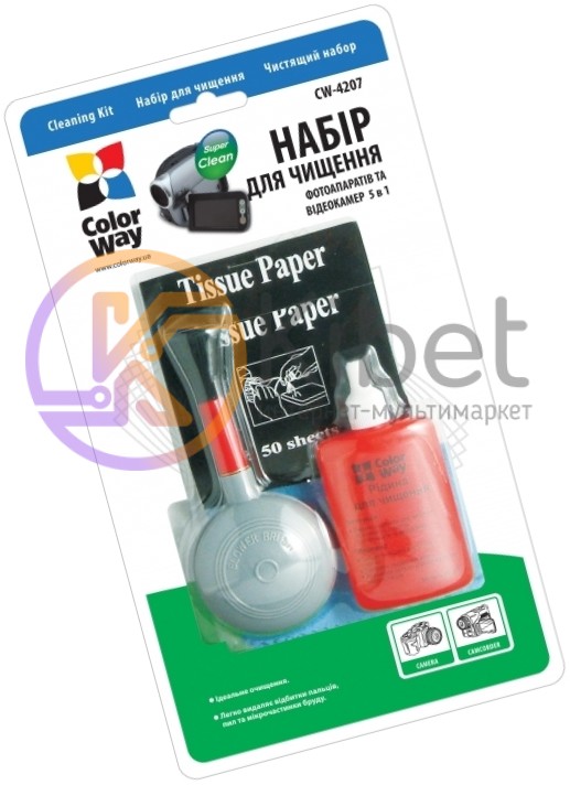 Набор чистящий ColorWay 5в1, для фото и видеокамер: Щетка-груша, жидкость для чи