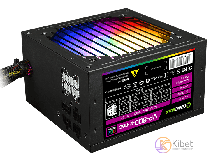 Блок питания GameMax VP-800-M-RGB 800W, 12cm fan, 80 Plus, 2x6+2pin, Active PFC,