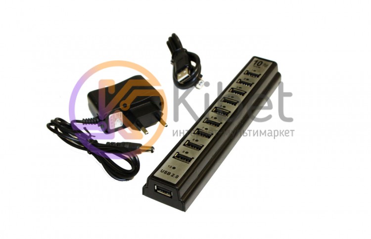 Концентратор USB 2.0, 10 ports, Black, c БП, 480 Mbps