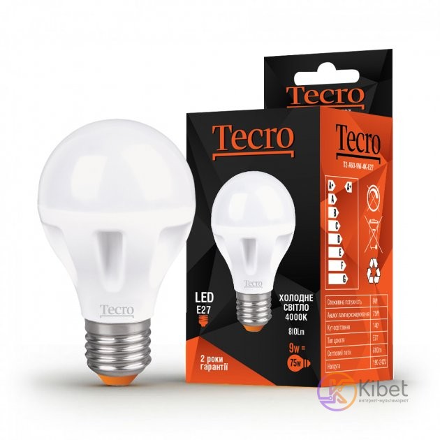 Лампа светодиодная E27, 9W, 4000K, A60, Tecro, 900 lm, 220V (Tecro T2-A60-9W-4K-
