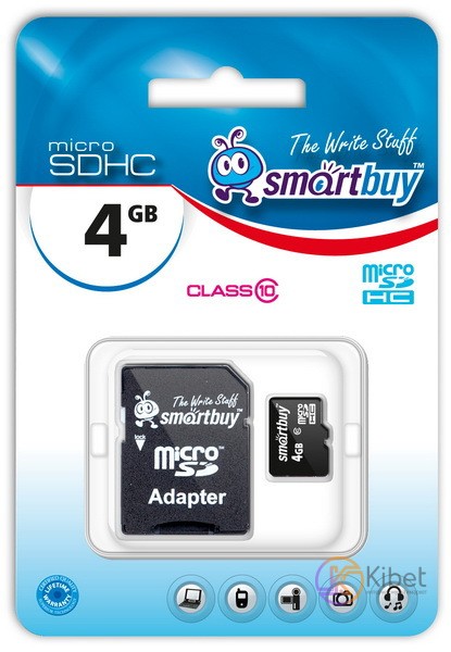 Карта памяти microSDHC, 4Gb, Class10, SmartBuy, SD адаптер (SB4GBSDCL10-01)
