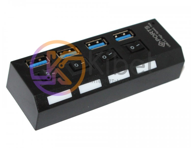 Концентратор USB 3.0, 4 ports, Black, LED подсвтека, выключатель для каждого пор