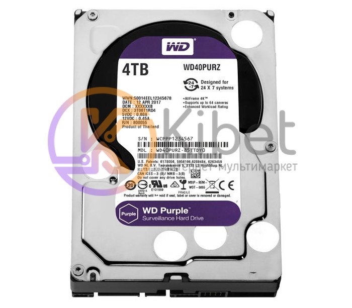 Жесткий диск 3.5' 4Tb Western Digital Purple, SATA3, 64Mb, 5400 rpm (WD40PURZ)