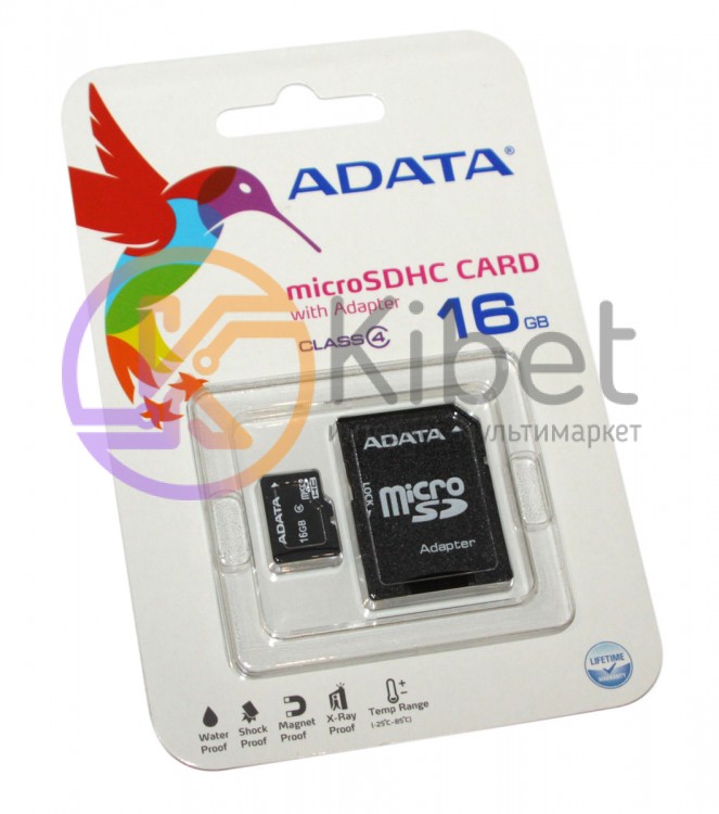 Карта памяти microSDHC, 16Gb, Class4, A-Data, SD адаптер (AUSDH16GCL4-RA1)