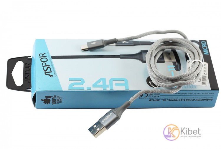 Кабель USB - microUSB, Aspor, Grey, 1.2 м, 2.4A (AC-11)