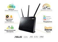 Модем-роутер ADSL Asus DSL-AC68U, Black, AC1900 (600Mbps + 1300Mbps), 802.11ac,