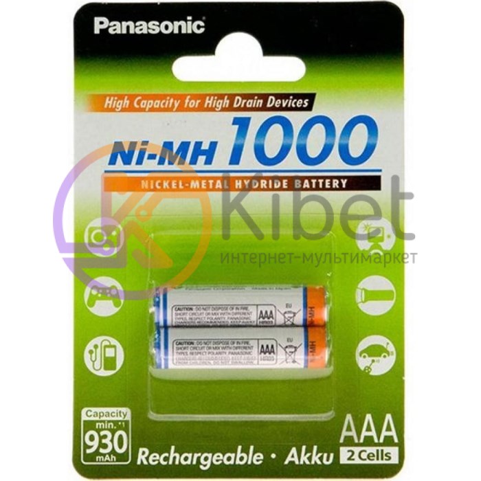 Аккумулятор AAA, 1000 mAh, Panasonic, 2 шт, 1.2V, (BK-4HGAE 2BE)