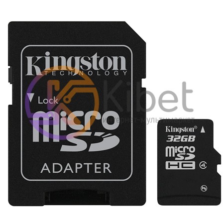 Карта памяти microSDHC, 32Gb, Class4, Kingston, SD адаптер (SDC4 32GB)