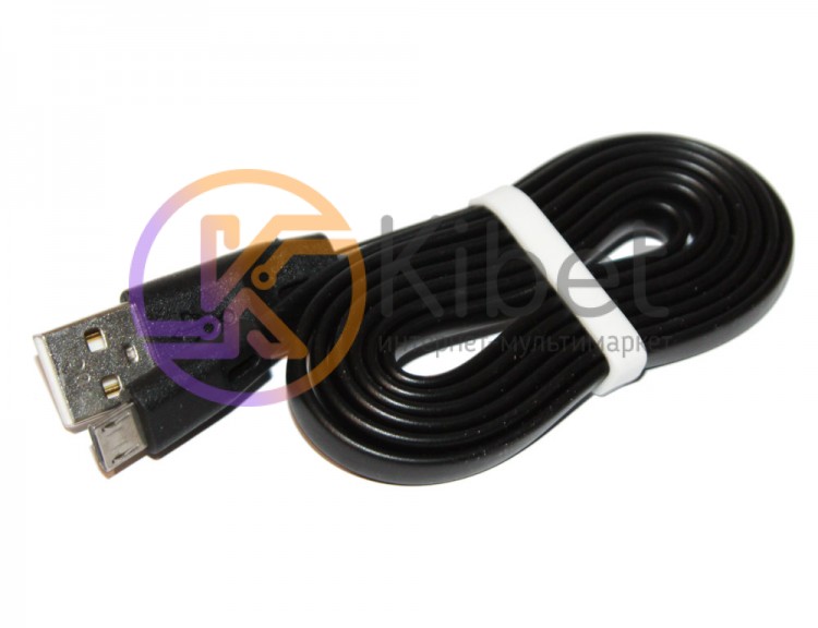 Кабель USB - microUSB, Black, 1 м, Voltex flat, алюминевые коннектора, плетенн