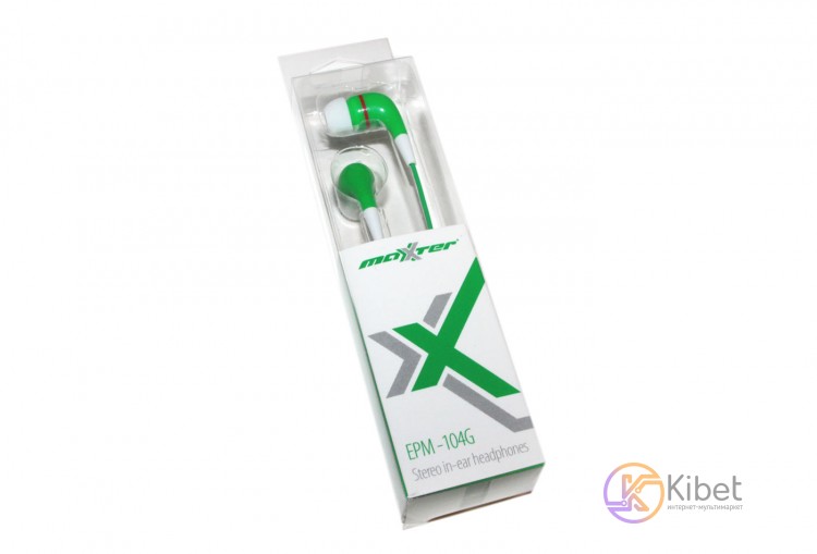 Наушники Maxxter EPM-104G Green, Mini jack (3.5 mm), вакуумные, кабель 1.2m