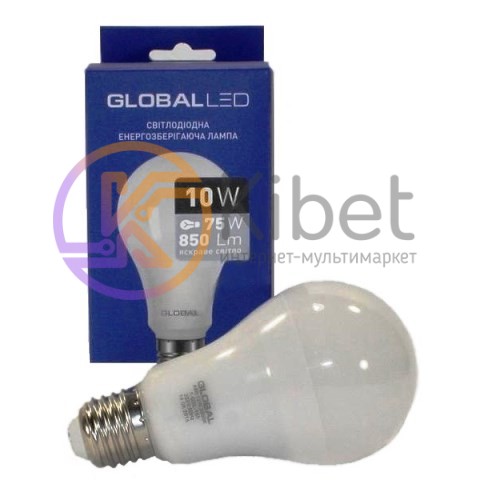 Лампа светодиодная E27, 10W, 3000K, A60, Global, 850 lm, 220V (1-GBL-163)