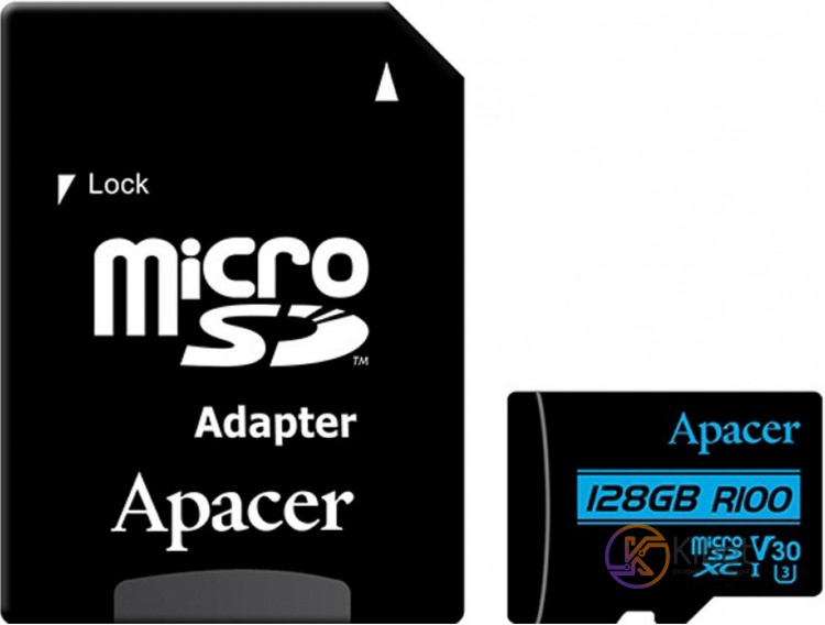 Карта памяти microSDXC, 128Gb, Class10 UHS-I U3 V30, Apacer, SD адаптер (AP128GM