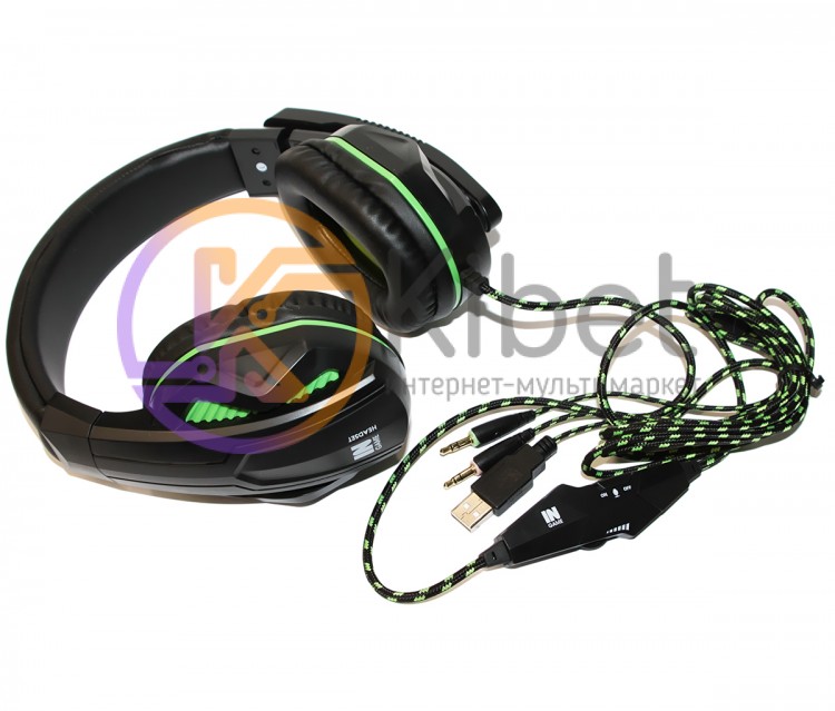 Наушники Gemix N2 LED Gaming Black Green, 2 x Mini jack (3.5 мм) + USB, накладны