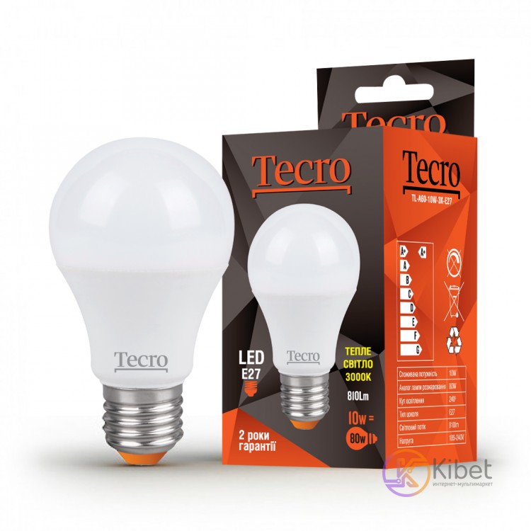 Лампа светодиодная E27, 10W, 3000K, A60, Tecro, 810 lm, 220V (TL-A60-10W-3K-E27)