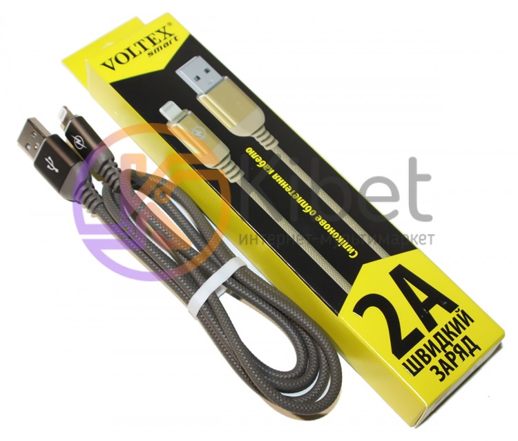 Кабель USB - Lightning, Grey, 1 м, Voltex Rubber, 2A