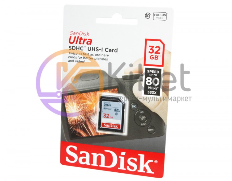 Карта памяти SDHC, 32Gb, Class10 UHS-I, SanDisk Ultra, до 80 MB s (SDSDUNC-032G-