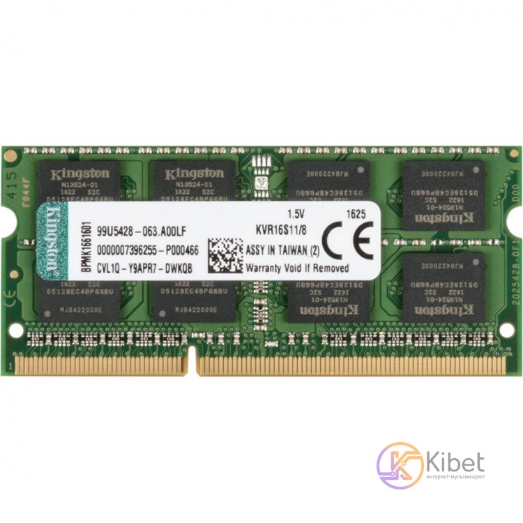 Модуль памяти SO-DIMM, DDR3, 8Gb, 1600 MHz, Kingston, 1.35V, CL11 (KCP3L16SD8 8)