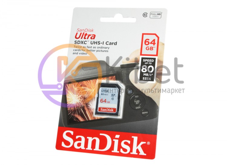 Карта памяти SDXC, 64Gb, Class10 UHS-I, SanDisk Ultra, до 80 MB s (SDSDUNC-064G-