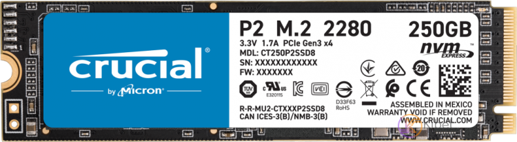 Твердотельный накопитель M.2 250Gb, Crucial P2, PCI-E 4x, 3D TLC, 2100 1150 MB s