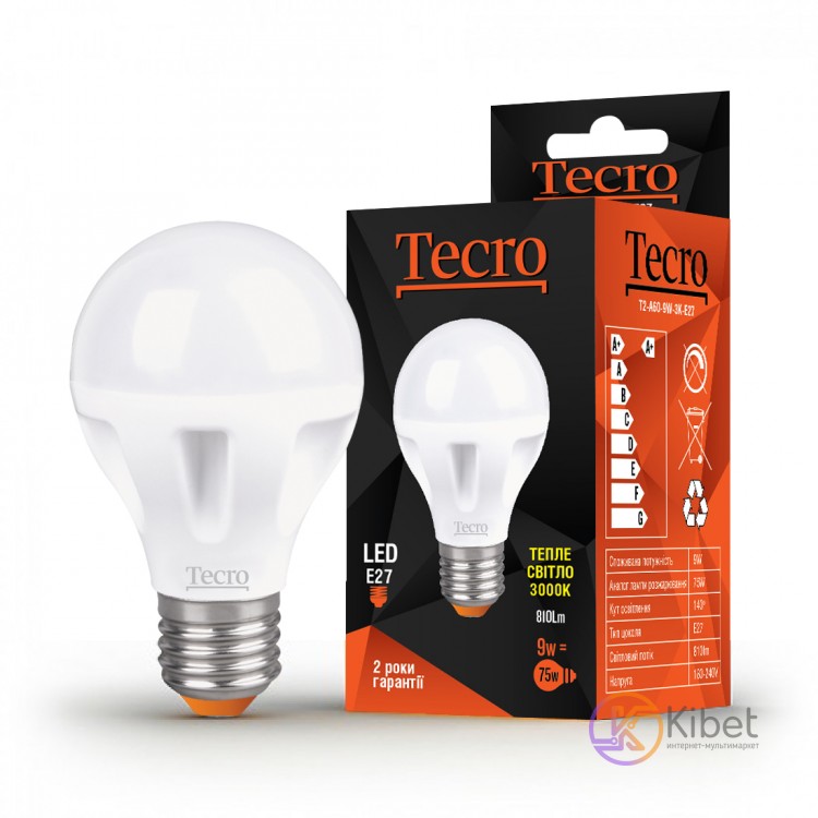 Лампа Tecro LED, E27, 9W (аналог 75W), 3000K (мягкий свет), 810Лм, освещ. 240?,