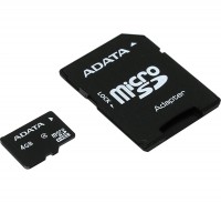 Карта памяти microSDHC, 4Gb, Class4, A-Data, SD адаптер (AUSDH4GCL4-RA1)