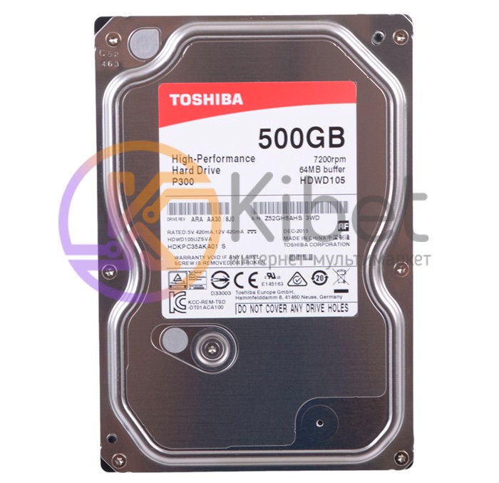 Жесткий диск 3.5' 500Gb Toshiba P300, SATA3, 64Mb, 7200 rpm (HDWD105UZSVA)